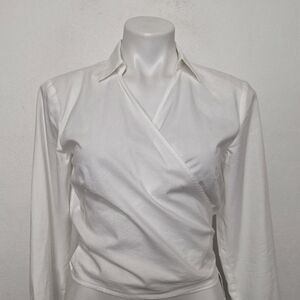 Loft White Collared Academia Preppy V-Neck Long Sleeve Back Bow Wrap Top Size S